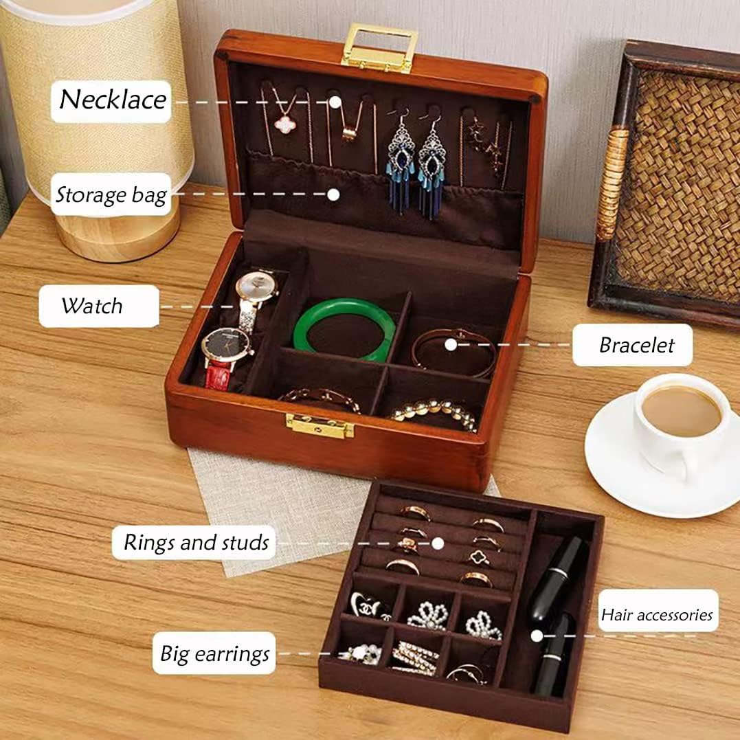 2 Layer Solid Wooden Jewelry Box with Lock and Key for Women Men