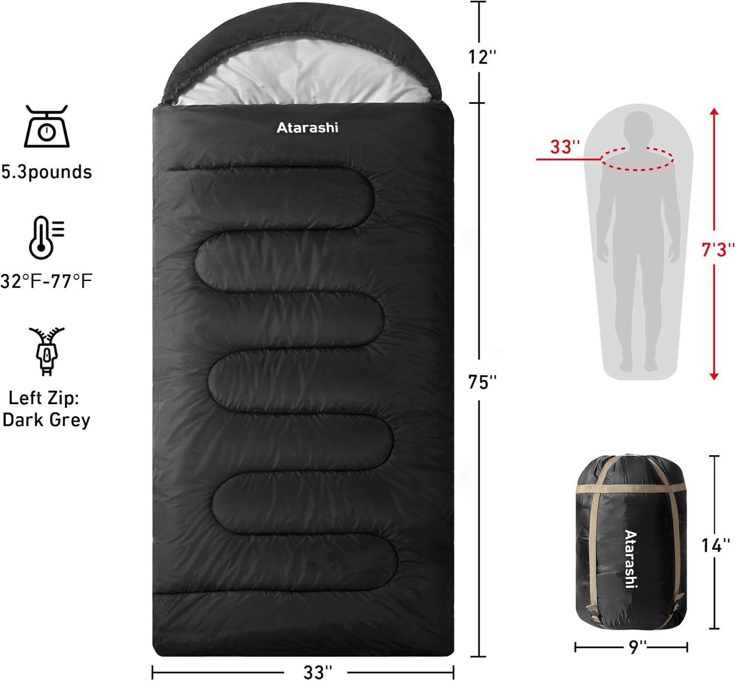 Camping Sleeping Bag- 4 Seasons for Adults, Light, Warm