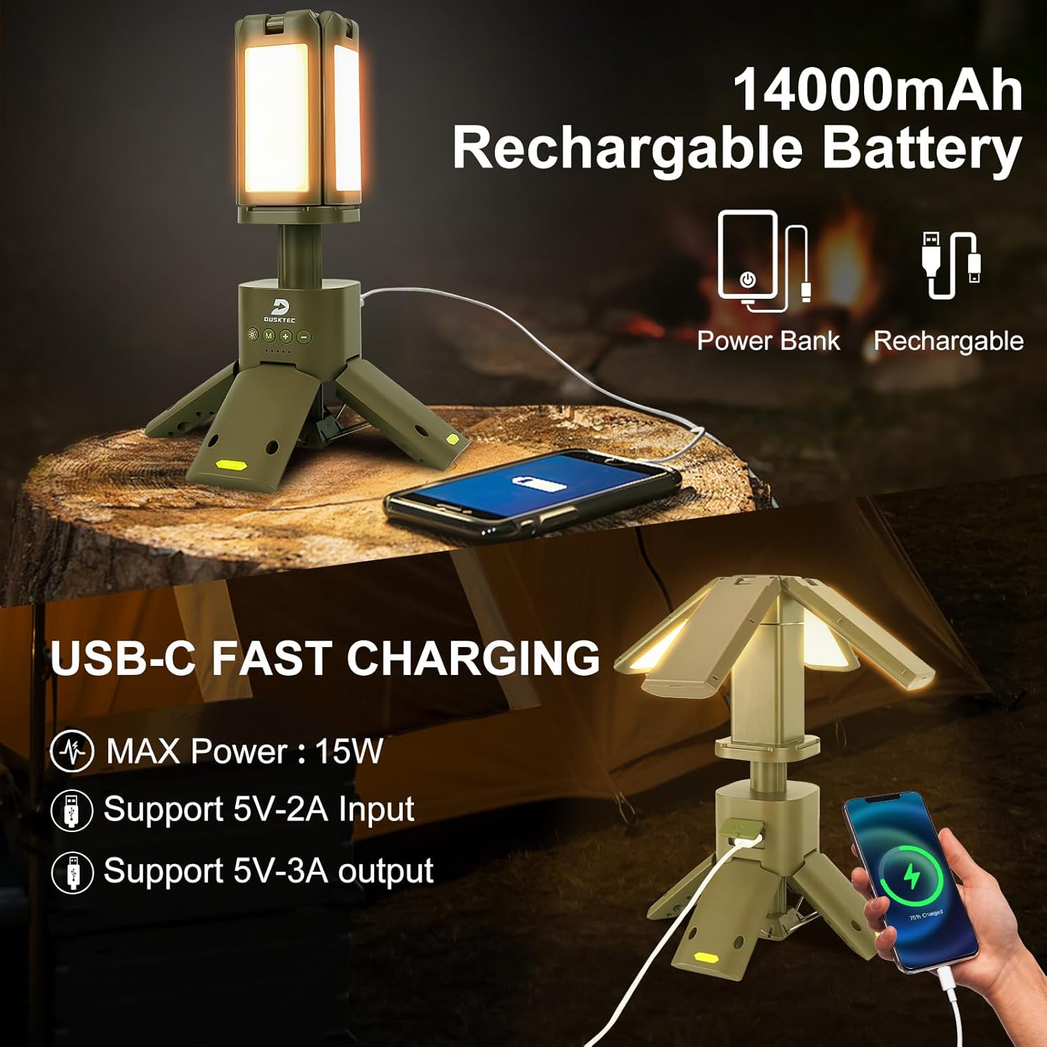 Waterproof Camping Lamp Rechargeable with 14000Mah