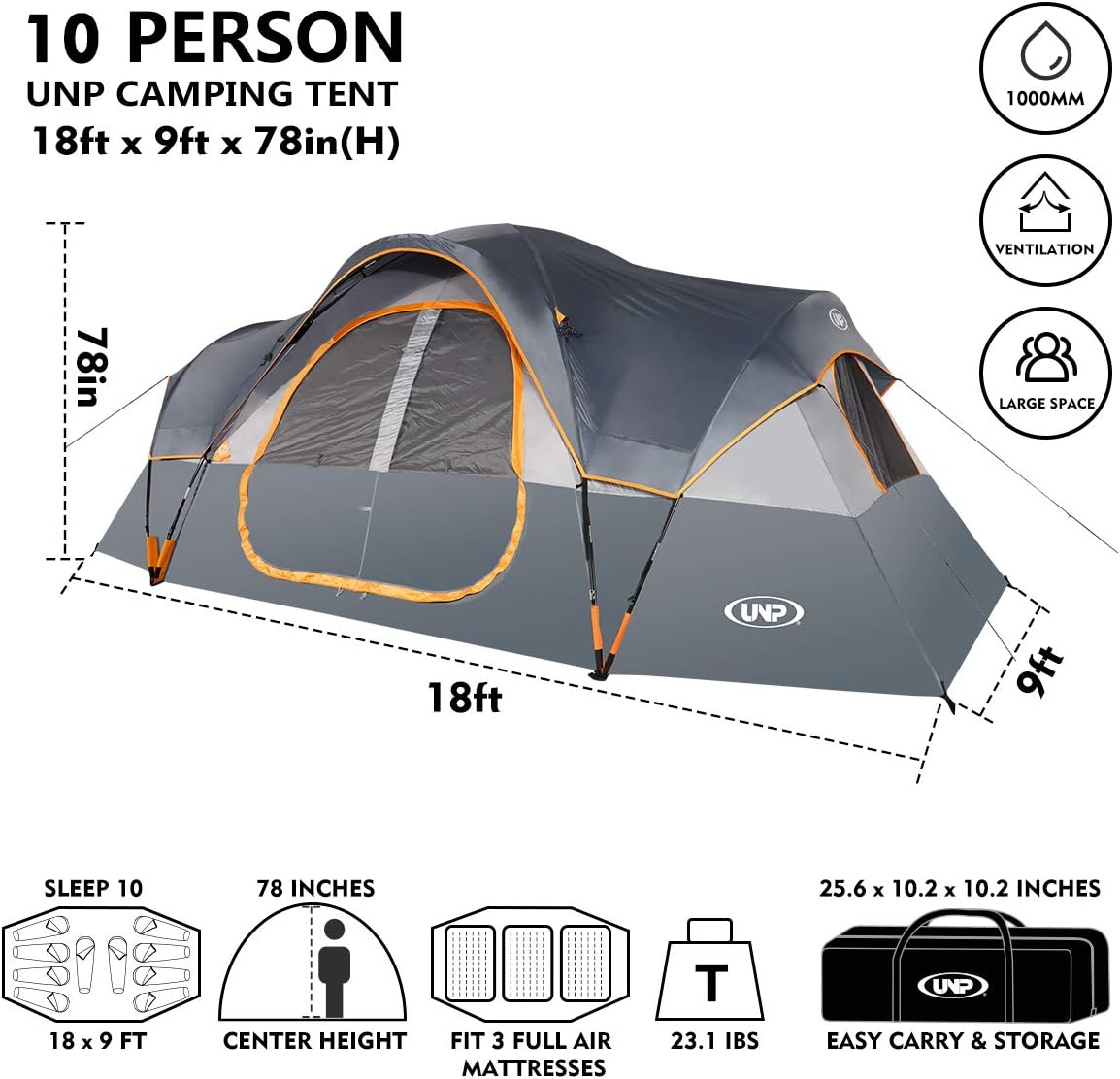 Spacious 10-Person Family Camping Tent