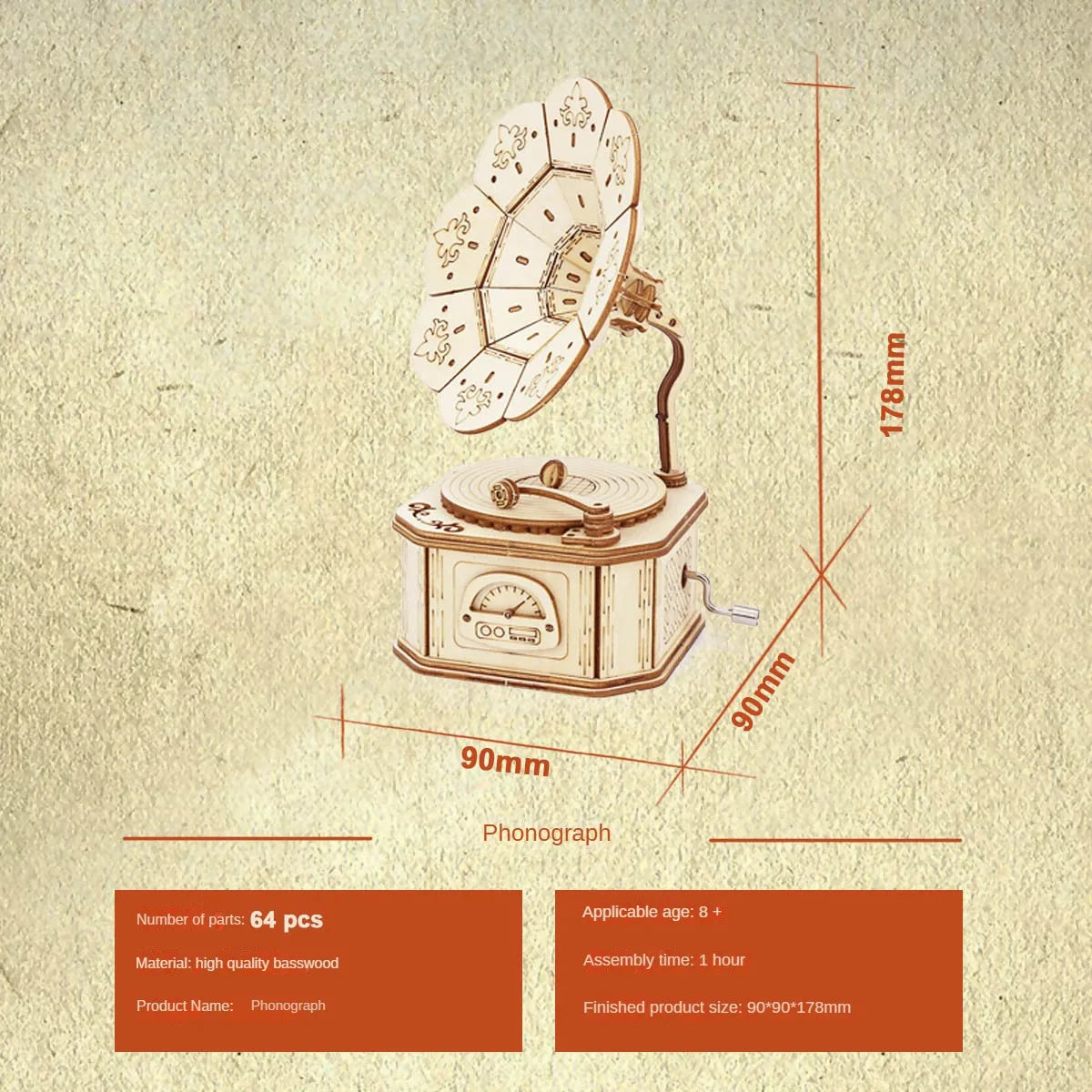 3D Wooden Gramophone Music Box Puzzle Kit for Teens & Adults