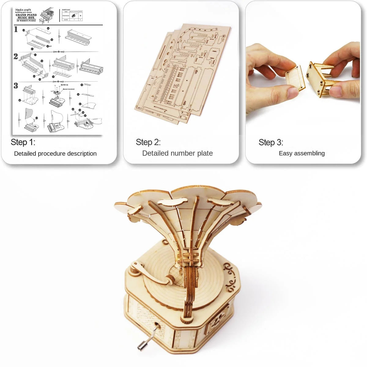3D Wooden Gramophone Music Box Puzzle Kit for Teens & Adults