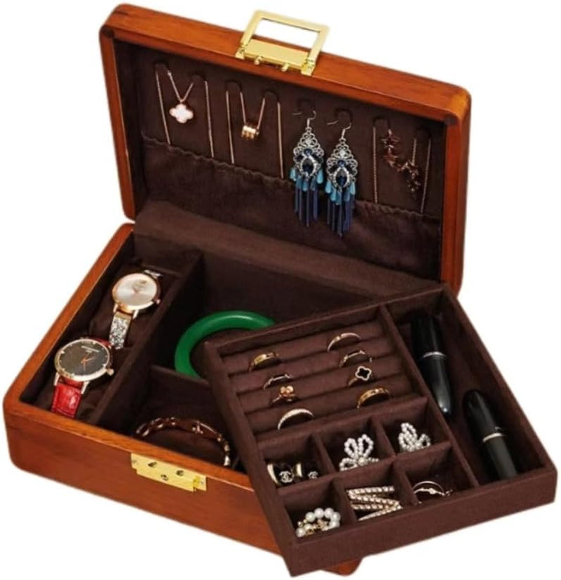 2 Layer Solid Wooden Jewelry Box with Lock and Key for Women Men